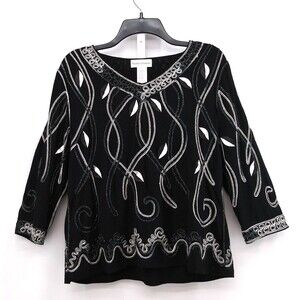 Drapers & Damons Shirt Womens Size L Black Swirl Glitter Embroidered Blouse Top